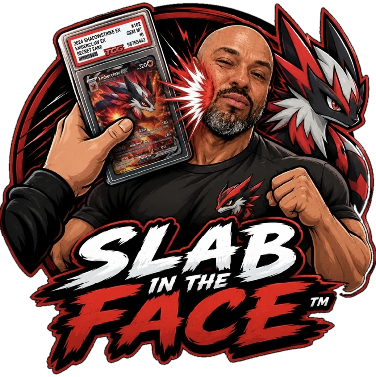 SLAB IN THE FACE logo: a hand smacks a man's face with a graded Pokémon card slab, a red and white fox-like creature behind him, over brush lettering that reads Slab in the Face.